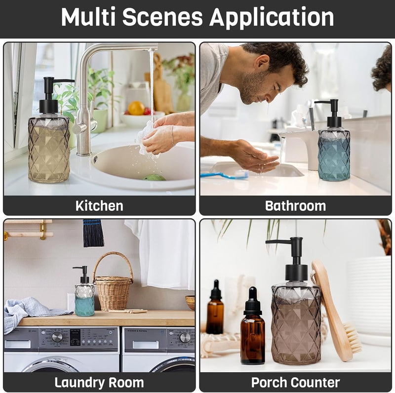 Ulable Glass Soap Dispenser with Plastic Pump, 2 Pack 12oz Gradient Diamond Design Black Soap Dispenser for Dishwashing Liquid, Lotion Shower Gel - Image 3